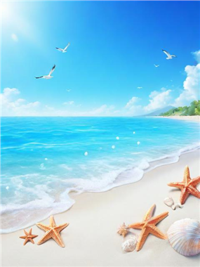 蓝色天空大海海边沙滩海星图片